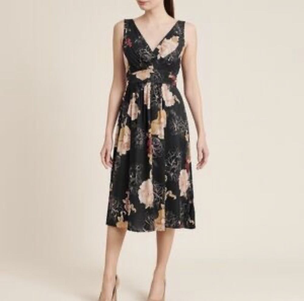 Spiegel 100% Silk Floral Midi Dress Black Rose Matching Wrap Sz 8 Vintage #0114